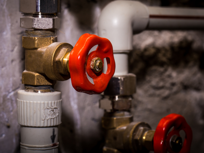 Piping with taps, Central heating system close-up